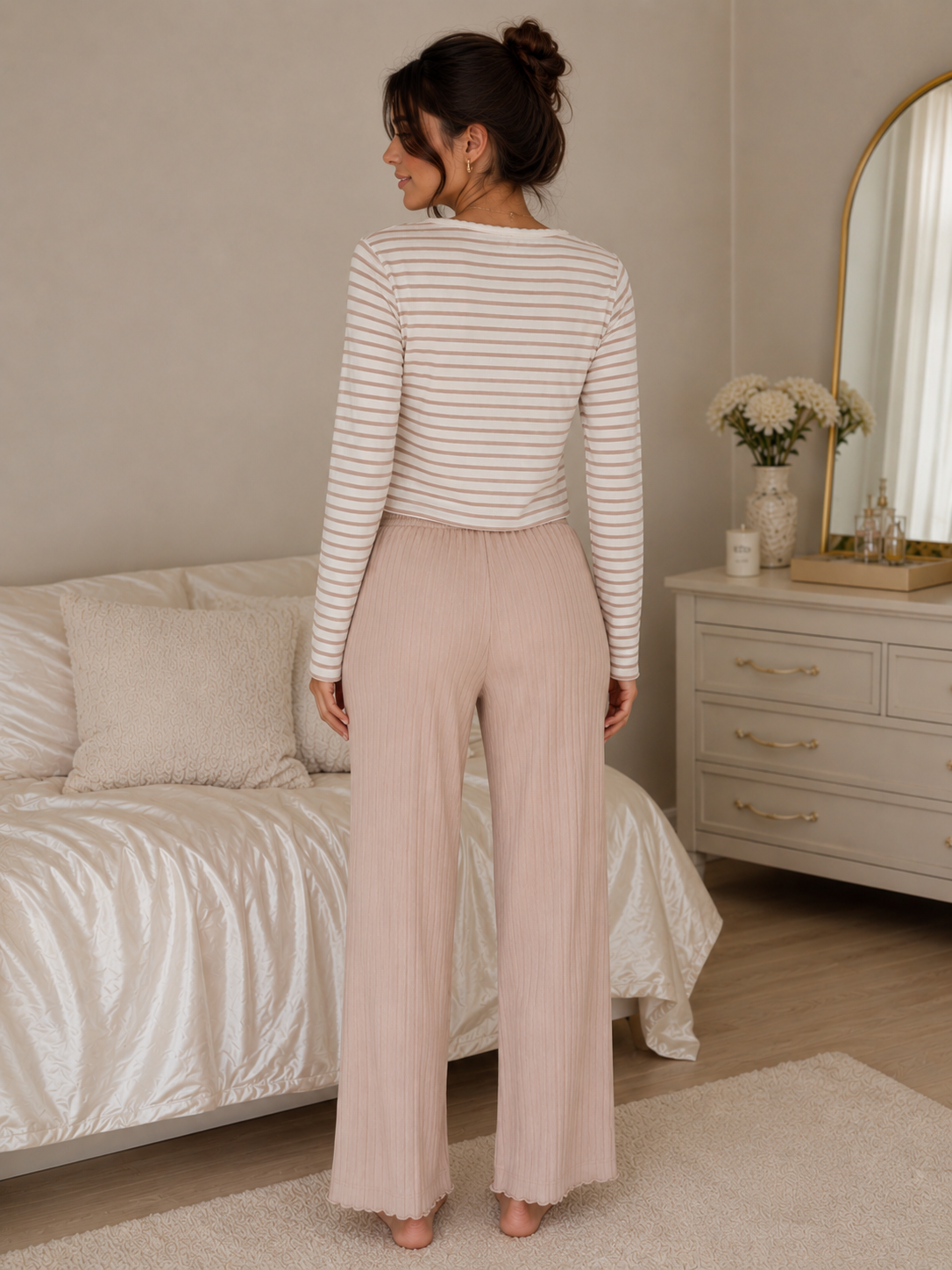 Ensemble Pyjama Femme Côtelé & Rayé – 3 Coloris