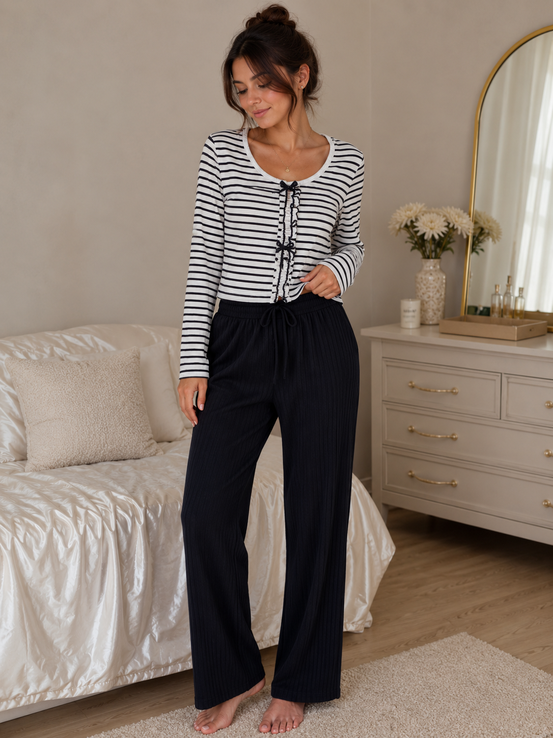 Ensemble Pyjama Femme Côtelé & Rayé – 3 Coloris