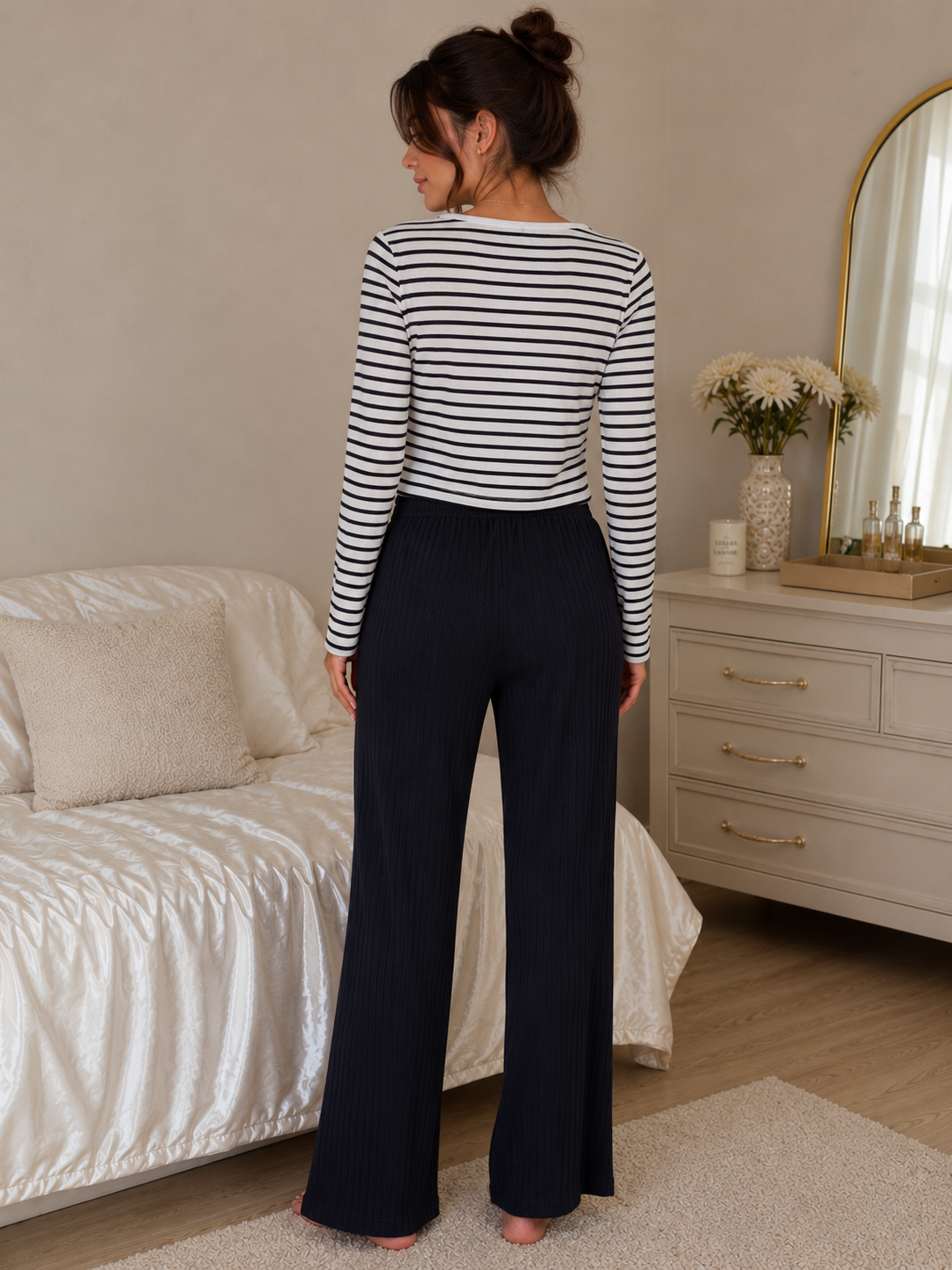 Ensemble Pyjama Femme Côtelé & Rayé – 3 Coloris