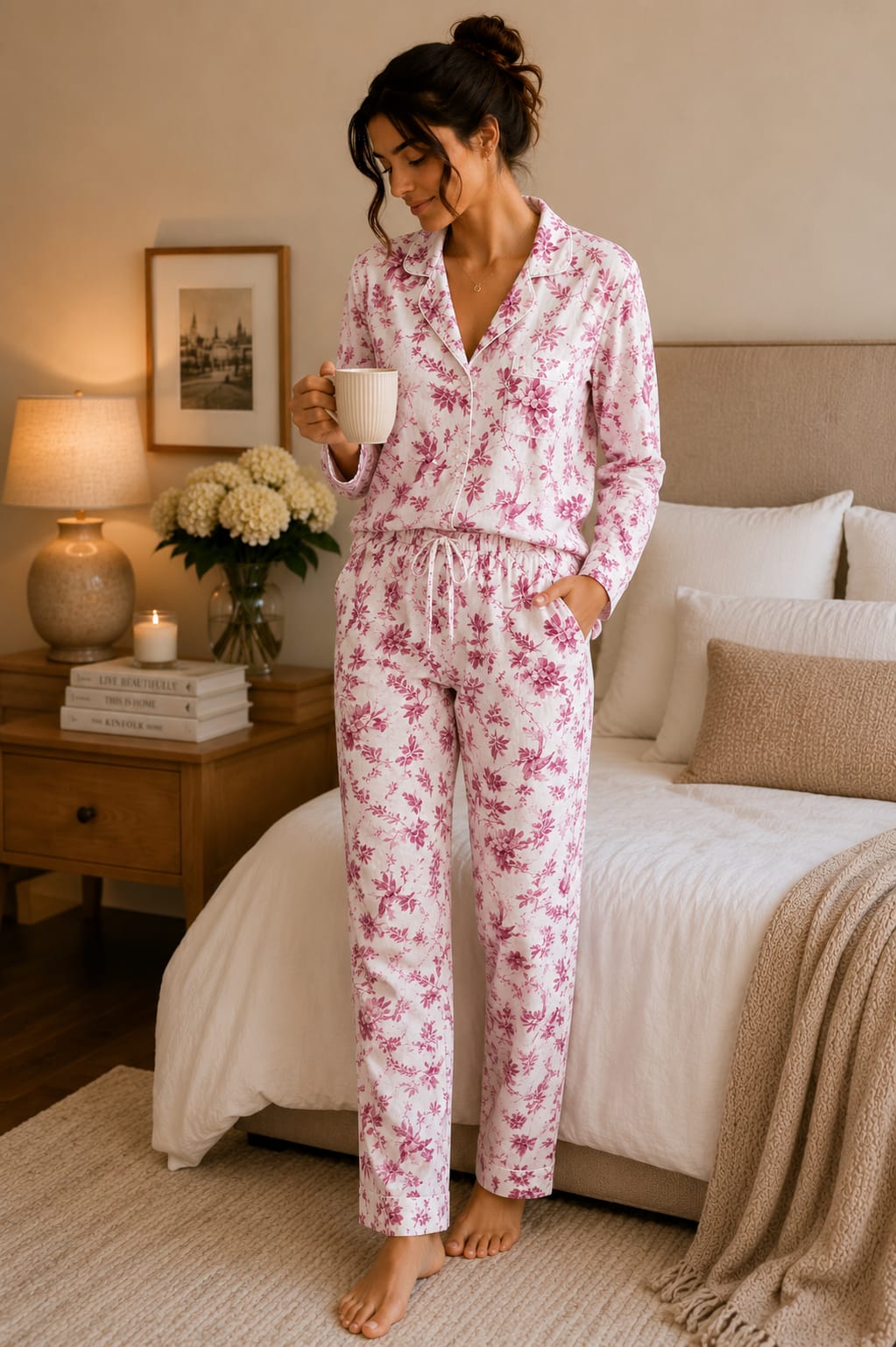 Pyjama Femme Fleuri Satiné – Ensemble Chic & Confort Disponible en 4 Couleurs