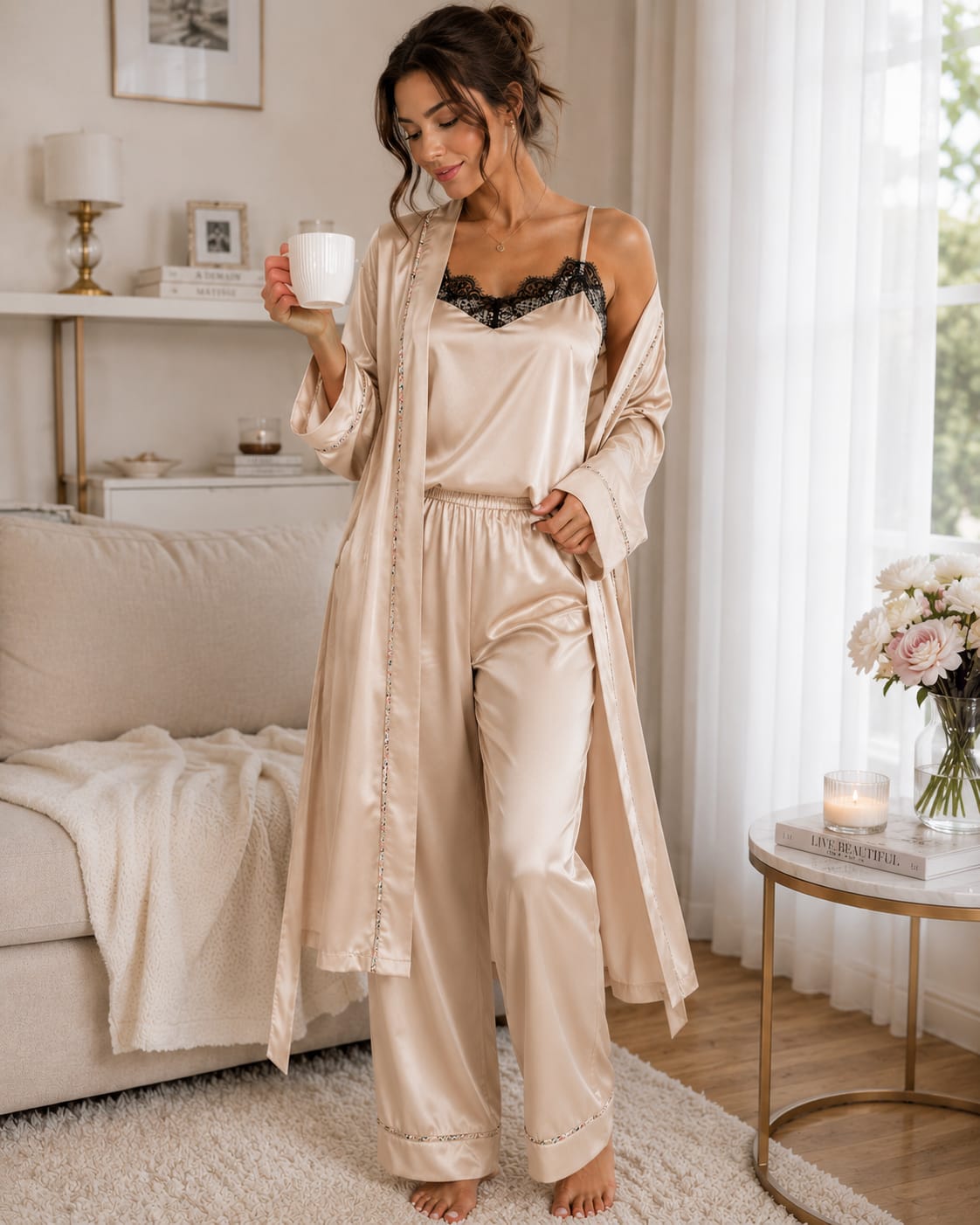 Ensemble Pyjama Satin 3 Pièces Femme – Élégance & Confort Disponible en 3 Couleurs