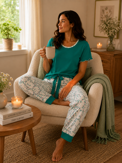 Pyjama Femme Fleuri – Ensemble Confort Chic Disponible en 3 Couleurs