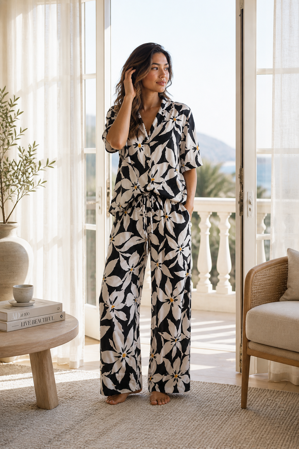 Pyjama Fleuri Noir & Blanc