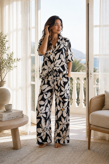 Pyjama Fleuri Noir & Blanc