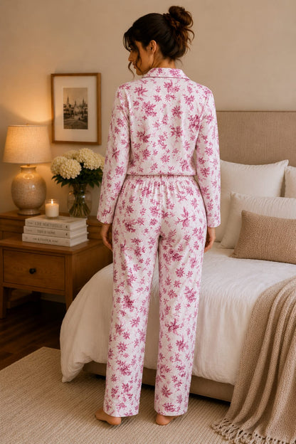 Pyjama Femme Fleuri Satiné – Ensemble Chic & Confort Disponible en 4 Couleurs