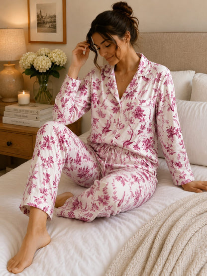Pyjama Femme Fleuri Satiné – Ensemble Chic & Confort Disponible en 4 Couleurs