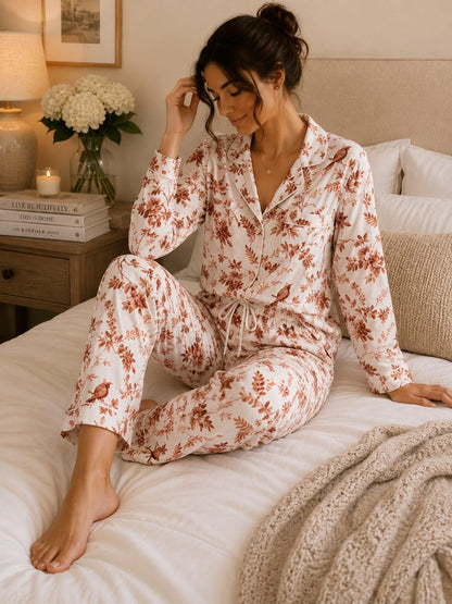 Pyjama Femme Fleuri Satiné – Ensemble Chic & Confort Disponible en 4 Couleurs