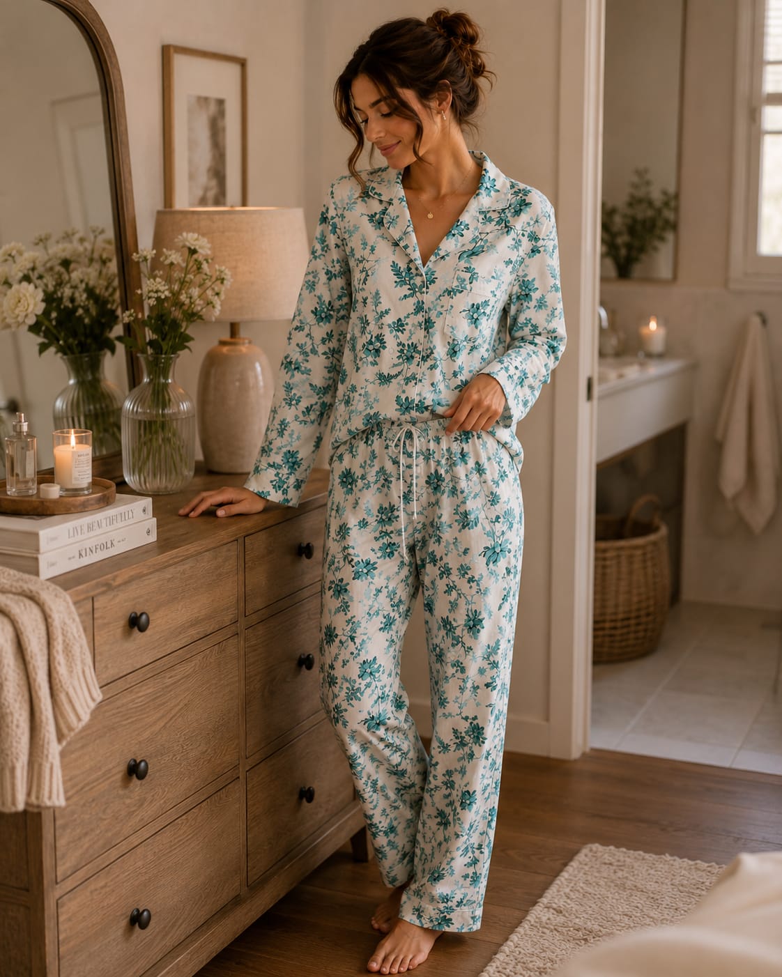 Pyjama Femme Fleuri Satiné – Ensemble Chic & Confort Disponible en 4 Couleurs