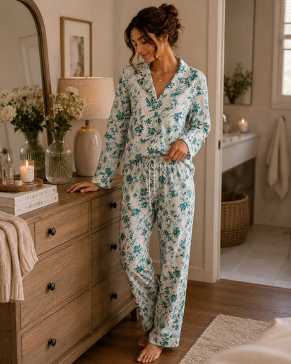 Pyjama Femme Fleuri Satiné – Ensemble Chic & Confort Disponible en 4 Couleurs